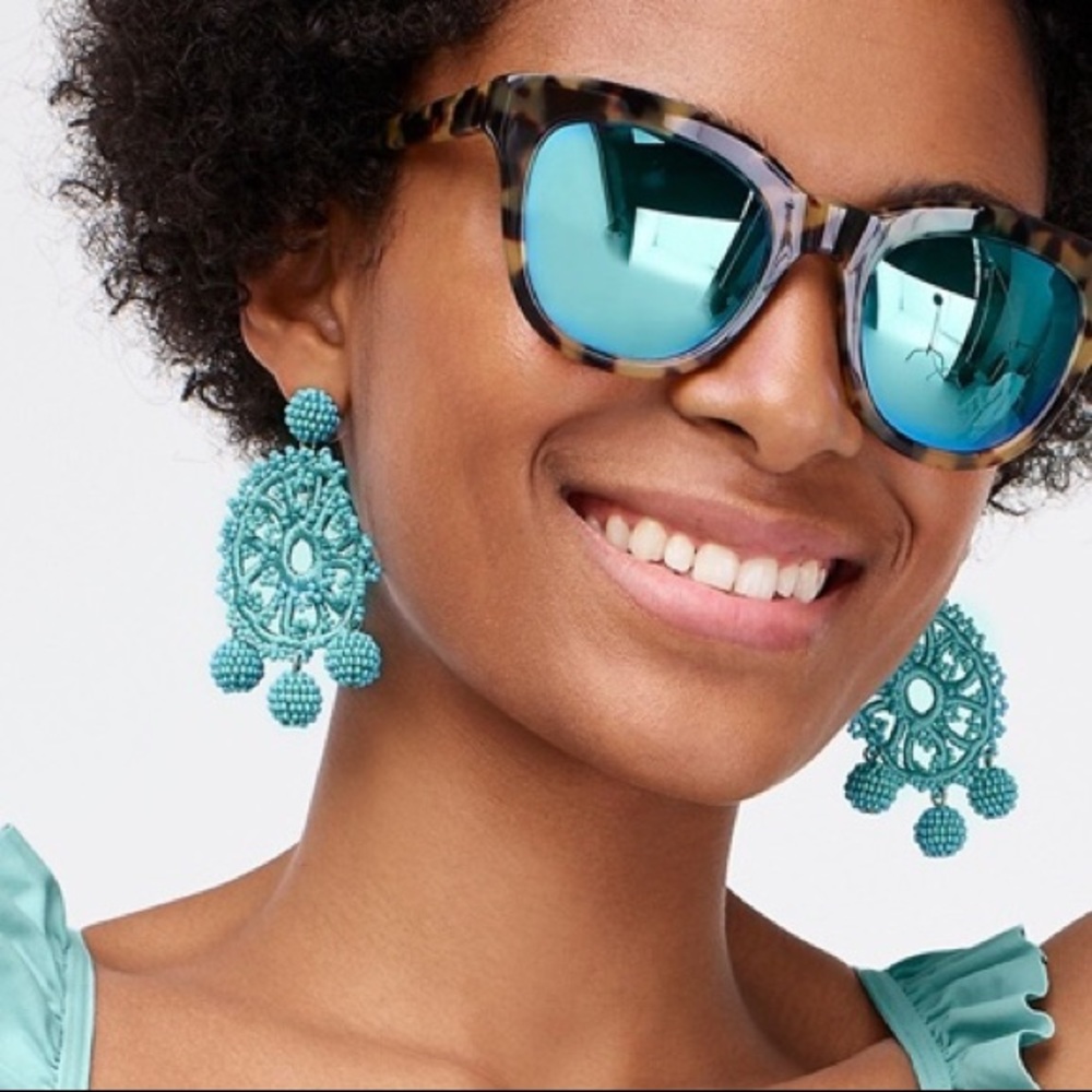 JCREW Beaded Crochet Earrings NWT OS Aqua - Picture 2 of 6